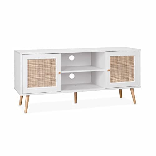 Alice's Home - Meuble TV en cannage 120x39x56.5cm - Bohème - Blanc. 2 Niveaux. 2 étagères. 2 Portes. Pieds scandinaves