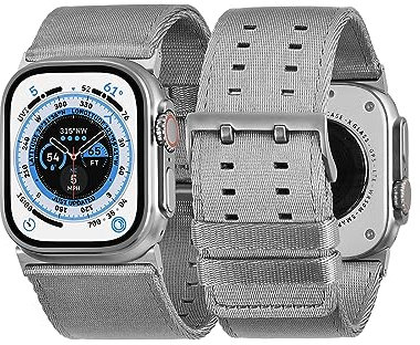Tefeca Dual Series - Bracelet de rechange compatible avec Apple Watch/Apple Watch Ultra - Taille ultra large 49/45/44/42 mm - Nylon gris argenté avec adaptateurs argentés