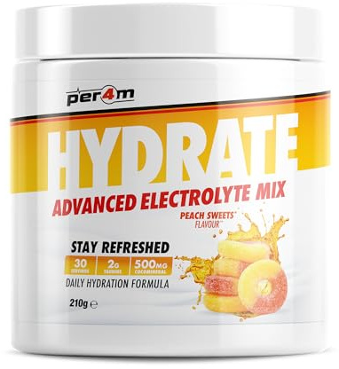 Per4m Hydrate Electrolyte Mix Powder | 500mg Cocomineral to Replenish Essential Electrolytes | Muscle Function, Cardiovascular Health, Neurological Support | 210g (Peach Sweets)