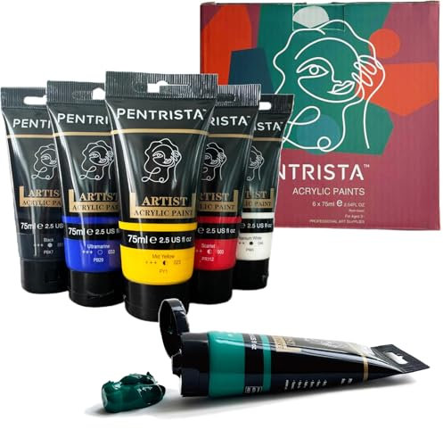 PENTRISTA Peinture Acrylique 6 Tubes 75ml Set de Peinture de Qualité Artiste, Brillantes pour Peinture sur Toile Papier Bois Pierre Idéal pour les Débutants et les professionnels