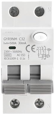 GYR9NM 2P 1P+N 40A 6KA RCBO Elektromagnetischer AC-Typ Fehlerstromschutzschalter mit Überstromschutz 1St(Size:300mA,Color:2P 32A)