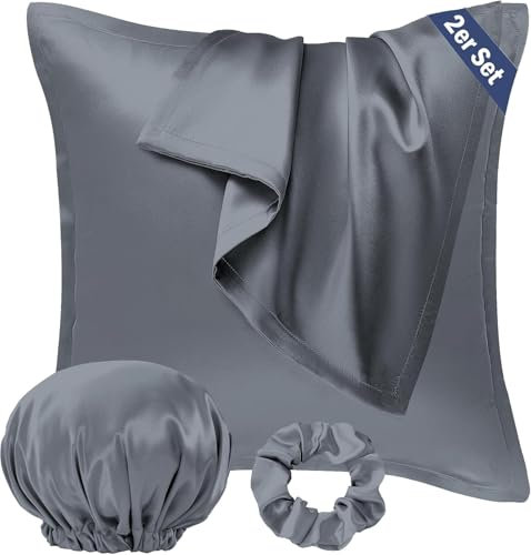 Seiwohl Satin Kissenbezug 40x40 2er Set, Weich wie Seidenkissenbezug Silk Pillowcase, Vegane Seide Kopfkissenbezug Kissenhülle Haarschutz für die Nacht mit Haargummi und Haarhaube, Dunkelgrau