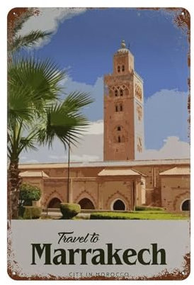 WOTDKG Metall-B1 Marrakesch, Marokko, Koutoubia-Moschee, Retro-Blechschild für Küche, Lounge, Garten, Garage, Kneipe, Wand/Tür, 15 x 30 cm