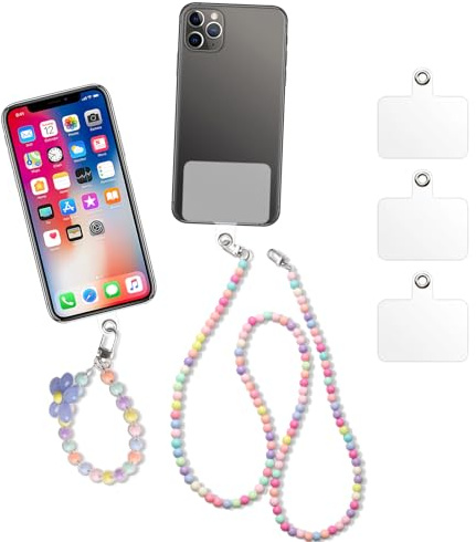 2 Stück Handykette Universal, Perlen Handyband mit 3 Einsätzen, Bunte Acryl-Perlen Handyanhänger, Handyband Zum Umhängen, Handykette Handgelenk Schlüsselband mit Karabiner für Meisten Smartphones