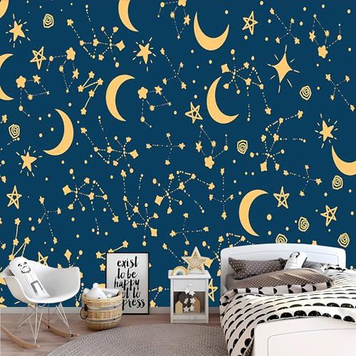 Lcythiazole Bohemian Style Mural Dark Blue Background Gold Moon Stars Wallpaper Mural Suitable for Living Room Bedroom Kids Room Customizable Size Peel and Stick