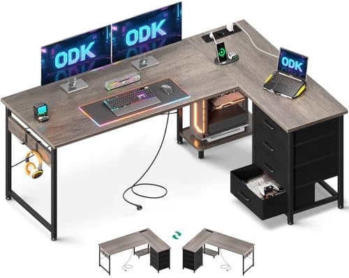 ODK Escritorio Esquinero con Cajones, 155×110 cm Escritorio en L con Enchufes y Puerto de Carga USB, Escritorio Esquina Reversible con Almacenamiento para Oficina en Casa, Roble Gris