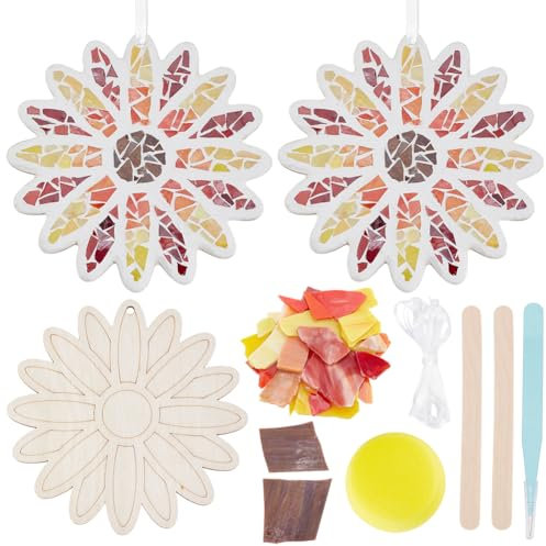 WEBEEDY 2 Sets Sunflower Mosaic Tiles for Crafts, Glass Mosaic Coaster Kit with Wooden Base Wall Hanging DIY Mosaic Kit Unique Gifts for Women, Birthday Gift, Home or Garden Decoration, 15cm