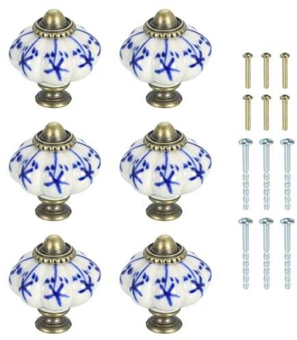 sourcing map 6Pcs Ceramic Knobs, 35mm/1.38 Pumpkin Cabinet Knob Drawer Pull Handle Vintage Drawer Knobs with Screws for Vanity Bedroom Furniture Closet, Blue