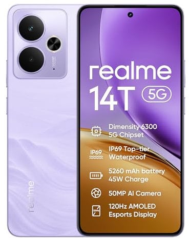 realme 14T Smartphone 5g, 8+256GB,5260 mAh Battery,Dimensity 6300 Chipset, IP69 Top-tier Waterproof, 50MP camera,120Hz Eye Protection Display,Lightning Purple,Amazon Exclusive (No Adapter)