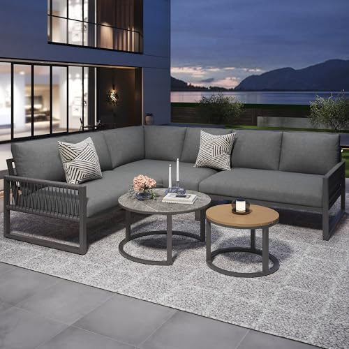 ModernLuxe Garten-Lounge-Set Outdoor-Sofa für 6-7 Personen – Ecksofa mit Eisengestell, Beine, 2 Couchtische mit Marmor- und Holzoberflächen, inklusive Sitz- und Rückenkissen – Grau