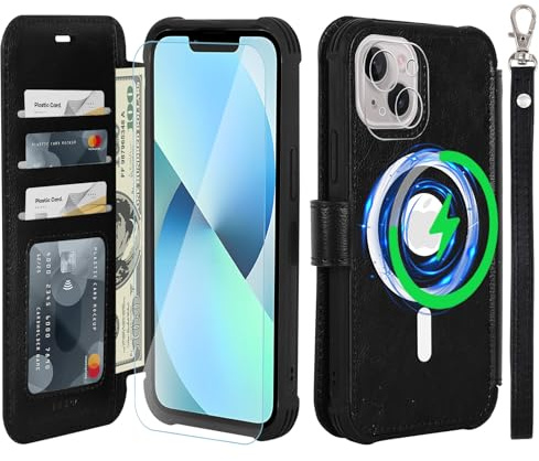 VANAVAGY Wallet Case for iPhone 14/13 for Magsafe,Black | PU Leather Flip,Slim,12ft Drop Protection,RFID Blocking Card Holder,Magsafe Wireless Charging,Includes Screen Protector