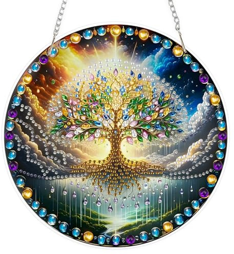 EOBROMD Arbre de Vie Diamond Painting Pendentif avec Chaîne, Diamant Painting, 5D DIY Pendentif Peinture Diamant Adulte Enfant, Décoration de Maison et Jardin