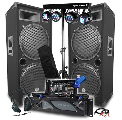 Pack Sono BM Bmsonic Ampli 3000W, Paire d'Enceintes LSC215 2x2000W, Table de Mixage Bluetooth, Portiques 8 Lumières LED+Clé 32G