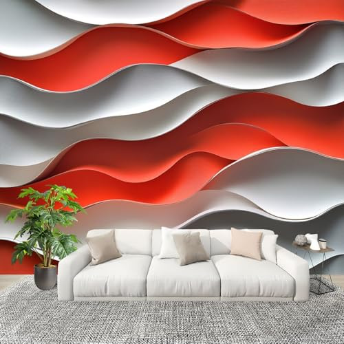 Wandtapete Fototapete 350x256 cm Abstrakte Dreidimensionale Wellen Vliestapete Bild Dekoration Wandposter, Rot Und Weiß Tapete Panorama Poster für Wohnzimmer, Schlafzimmer Wand Dekoration