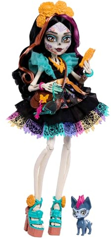 Monster High Skelita Calaveras Puppe | Skelett im bunten Papel-Picado-Kleid mit Hund Candelita und 7 Zubehörteilen wie Skizzenbuch, Snack und Umhängetasche, JHK34
