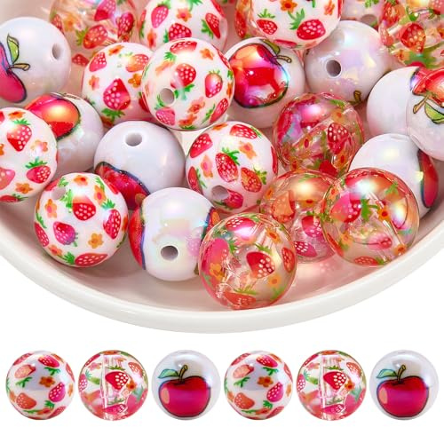 LEGENTLISUR 30 Stück 16mm Erdbeer Acryl Rundperlen 3 Stile Gemischte Perlen Lose Perlen Großpackung Für DIY Schlüsselanhänger Und Stifte Armbänder Halsketten Schmuckherstellung Basteln