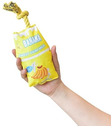 DAFORERAL Dog Chew Milk Box Toy 9.4in Oxford Fabric with Rope Straw, Durable Squeaky Plush Banana Strawberry Chocolate Design for Interactive Play and Teething Puppies (V2)