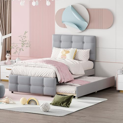Kelodan Polsterbett 90x200cm, ausziehbares Kinderbett, verstellbares Kopfteil, hautfreundliche Leinenpolsterung, flaches Einzelbett Jugendbett Gästebett (Grau)