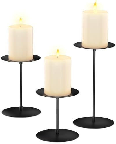 3er Set Kerzenständer Schwarz aus Metall, Kerzenhalter für Stumpenkerzen/Blockkerzen, Candle Holder für Tischdekoration Hochzei Halloween Weihnachts Deko
