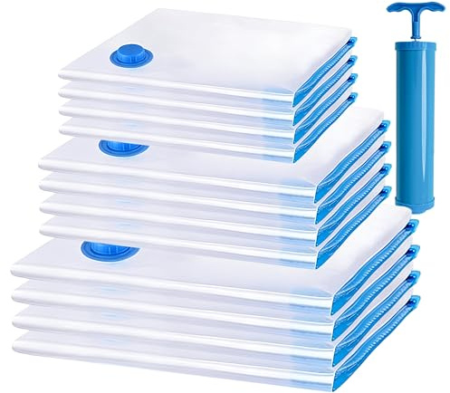 Paquete de 12 Bolsas de Almacenamiento al Vacío Ahorra Espacio al Guardar Ropa, Edredones, Almohadas y Mantas Incluyen 4 (80x110cm), 4 (60x80cm), 4 (50x60cm) con una Bomba Manual