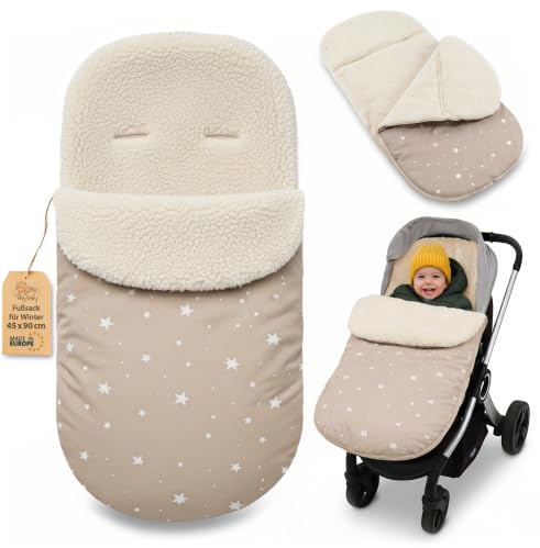 Winterfußsack Kinderwagen 90x45 cm aus Boucle: 90x45 cm – Fußsack Buggy kuschelweich gefüttert mit universeller Passform – waschbar 30 Grad windabweisend Oeko-Tex Beige mit Weiß Sternen