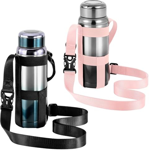 Nuovoware Water Bottle Holder with Strap, 2 Pack, 500-1000ml, Pink+Black | Lightweight Crossbody Bag, with Shoulder Strap, for Walking, Hiking, Camping, Traveling