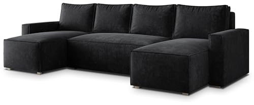 Masseno Ecksofa ASPRA LM mit Schlaffunktion U-Form, Klassisch Sofa mit Bettkasten, Wohnzimmersofa, Couch, Soffa, Bettsofa, Couchgarnitur - Schwarz, LUMO 80