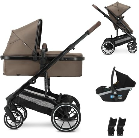 Deryan NOA Kinderwagen 3 in 1 Kinderwagenset bis 22 kg (0-4 jahre) mit Kindersitz I-SIZE 40-75 cm, Buggy Funktion, Liegeposition verstellbar, Große ausziehbare Verdeck, Aufblasbare Räder, Hazel