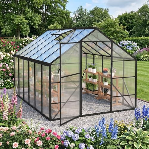 YRHome Serra in alluminio, 249,5 x 379,5 x 204,5 cm, pannelli alveolari in policarbonato da 5,2 mm, colore nero, serra da giardino, resistente alle intemperie, invernale, serra da giardino, serra da