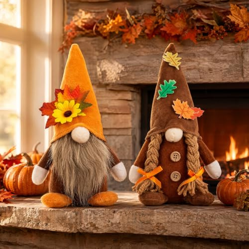 XEERUN 2 Stück Herbstdeko Wichtel, Herbst Dekoration Wichtel Figuren mit Ahornblatt Sonnenblume, Herbst Deko Plüsch Elfe Puppen für Home Erntedankfest Wohnzimmer Herbstdeko Innen Baum Tisch (B)