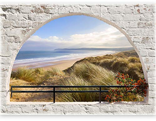 3D WALL ILLUSION murando 210x150 cm Wallpaper Mural Photo Print Window View Optical Illusion Design Wall Mural Art Print Wall Decoration Poster Stone Brick sea Beach Nature c-C-0074-c-a