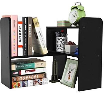PAG Adjustable Wood Desktop Bookshelf,Small Desk Small Table Shelves Freestanding Home and Office Supplies Storage,Display Shelf Desk Tidy Organiser,Black