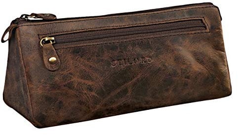 STILORD 'Alexis' Vintage Leder Etui Stiftemappe mit 2 Fächern und Reißverschluss Federtasche Federmäppchen Schlampermäppchen Echtes Leder, Farbe:Sepia - braun