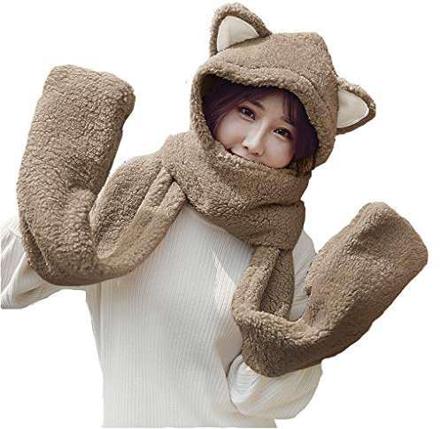 YJZQ Damen Winter Fellmütze Kapuzenschal Plüsch Tiermütze 3 in 1 Schalmütze Ohren mit Handschuhe Warm Wintermütze Kunstfell
