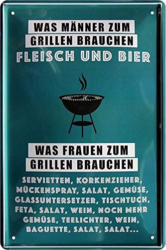 schilderkreis24 - Blechschilder Lustiger Grill Spruch “was Männer zum Grillen Brauchen – Fleisch UND Bier” Deko Schild für Garten Geschenkidee 20x30 cm