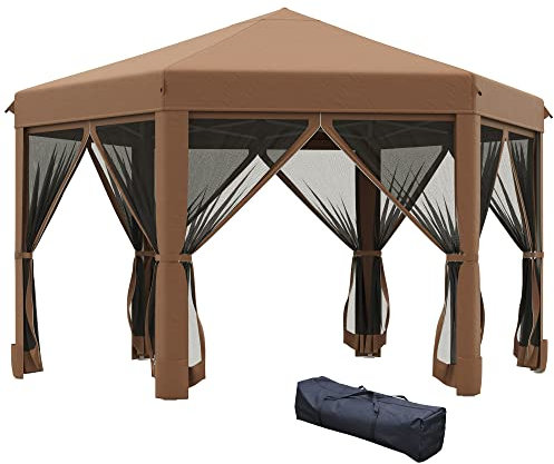 Outsunny 3.2 m Gazebo da Giardino Pieghevole Pop-up con Zanzariera, Struttura Esagonale Acciaio e Poliestere, Marrone