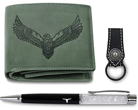 Urban Forest Zylo Vintage Leder Geldbörse + Schlüsselanhänger + Stift Combo Geschenkset für Herren, Vintage Grün, RFID
