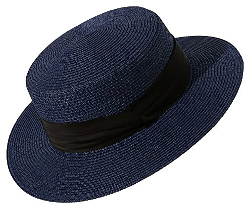 Lanzom Chapeaux de soleil pour femme à large bord Chapeau de paille Chapeau de plage pliable pour l'été, bleu marine, Taille M