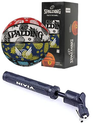 Spalding Flight Tropical Basketball mit Nivia Pumpe für Volleyball Fußball Basketball mit Luftpumpe Combo Sportset für Outdoor und Indoor Premium Basketball Größe 7 Brick