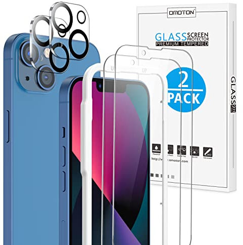 OMOTON für iPhone 13 Panzer Schutz Glas mit Installationsrahmen, kompatibel mit iPhone 13 Kamera Schutzfolie, HD Displayschutzfolie, 2+2 Stück, Blasenfrei, Anti- Kratzer, 9H Härte