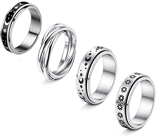 QIAMNI Spinner-Ringe für Damen, Edelstahl, Fidget-Band-Ring-Set, Mond, Stern, Sandstrahl-Finish, Damenring zum Stressabbau, Hochzeitsversprechen (Q), Edelstahl