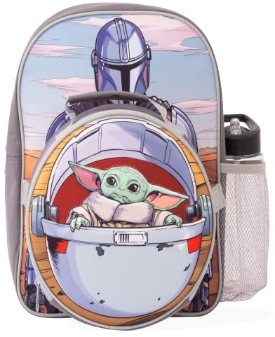 Disney® Baby Yoda Mandalorian 3 Piece Large Backpack with Lunchbag & Water bottle | Exclusive Star Wars Merch with Baby Yoda detachable bag - Suitable for Kids Grogu The Child School Travel Gift
