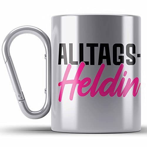 Trendation - Alltags-Heldin Lustige Edelstahl Tasse Karabiner Büro Karabiner Edelstahl Tasse Karabiner Edelstahl Kaffeebecher Kollegin Frau Frauen Lustig (Silber)