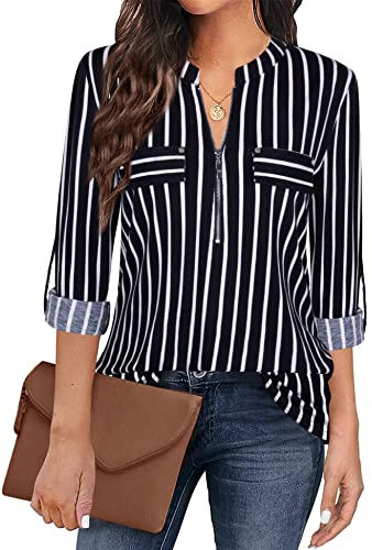 Siddhe Damen 3/4 Ärme Bluse V-Ausschnitt Longbluse Reißverschluss Tunika Business Oberteile Tops A-Linie T-Shirt Gestreifte Arbeit Hemd Langarmshirts Schwarz Gestreifte, S