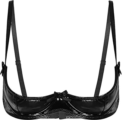 CHICTRY Women's Sexy Wetlook 1/4 Cup Underwired Shelf Bra Balconette Hollow Out Unlined Bralette Black B 3XL