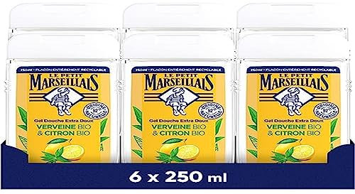 Le Petit Marseillais - Gel Douche Extra Doux Verveine Bio & Citron Bio (lot de 6 flacons de 250 ml) – 92 % d'ingrédients d'origine naturelle – Flacon entièrement recyclable