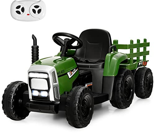 COSTWAY Ride on Tractor and Trailer, 12V Battery Powered Electric Kids Toy Car with Remote Control, LED Lights, USB & Bluetooth Music, Four Wheels Ride on Toys for Children Ages 3+(Dark Green)