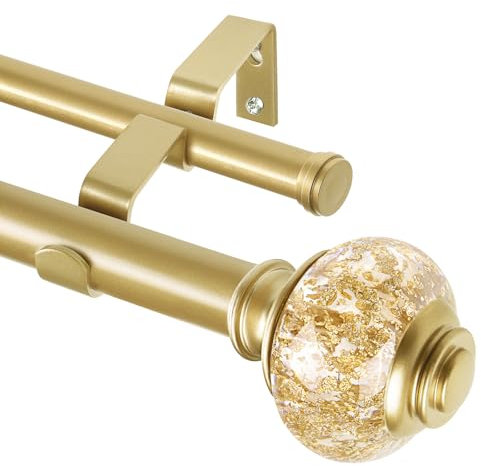 2,5 cm goldene Doppel-Gardinenstangen 91,4 bis 182,9 cm (3 bis 1,8 m), USFOOK Gardinenstangen für Fenster, Teleskop-Doppelvorhangstange mit luxuriösen durchscheinenden Endstücken