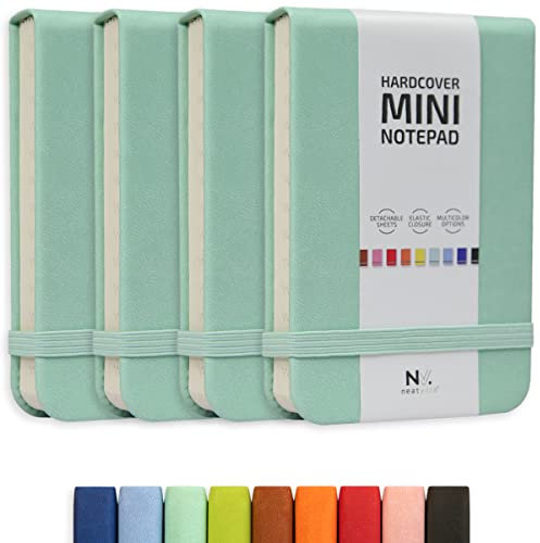 NeatVilla Tiny Notebook 3x4 Small Notepad Pocket Size, A7 Leather Hardcover Mini Notebook, Tear Off Sheet Tiny Notepad with Elastic Band, 4 Pack Mini Pocket Notebook for Nurse Reporter (Mint Green)