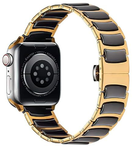 MaKTech Keramikband,Dünnes Edelstahl-armbänder mit Eingelegten Keramikgliedern,für Apple watch Serie 11/10/9/8/7,Ultra 3/2/1,SE 3/2/1 [2025] (46mm/45mm/44mm/49mm,Gold/Schwarz)
